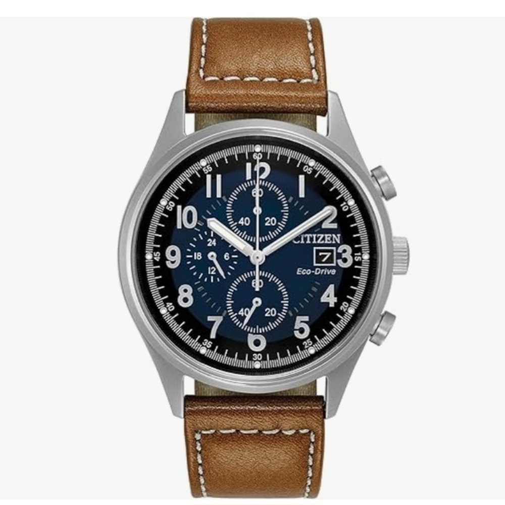 Citizen Wh1 Brown Leather Strap Men's Eco WR100 SS Stra Blu Watch  0ia1275
